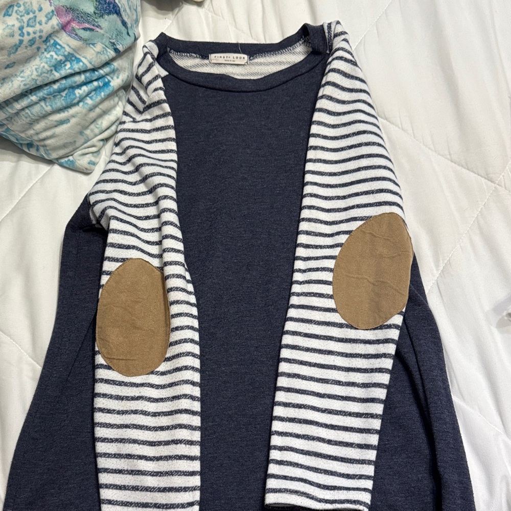 First Looks Navy and White Striped Cardigan with Brown Elbow Patches